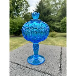 VINTAGE Weishar Moon and Star Glass Large Colonial Blue With Lid 8.5” Tall